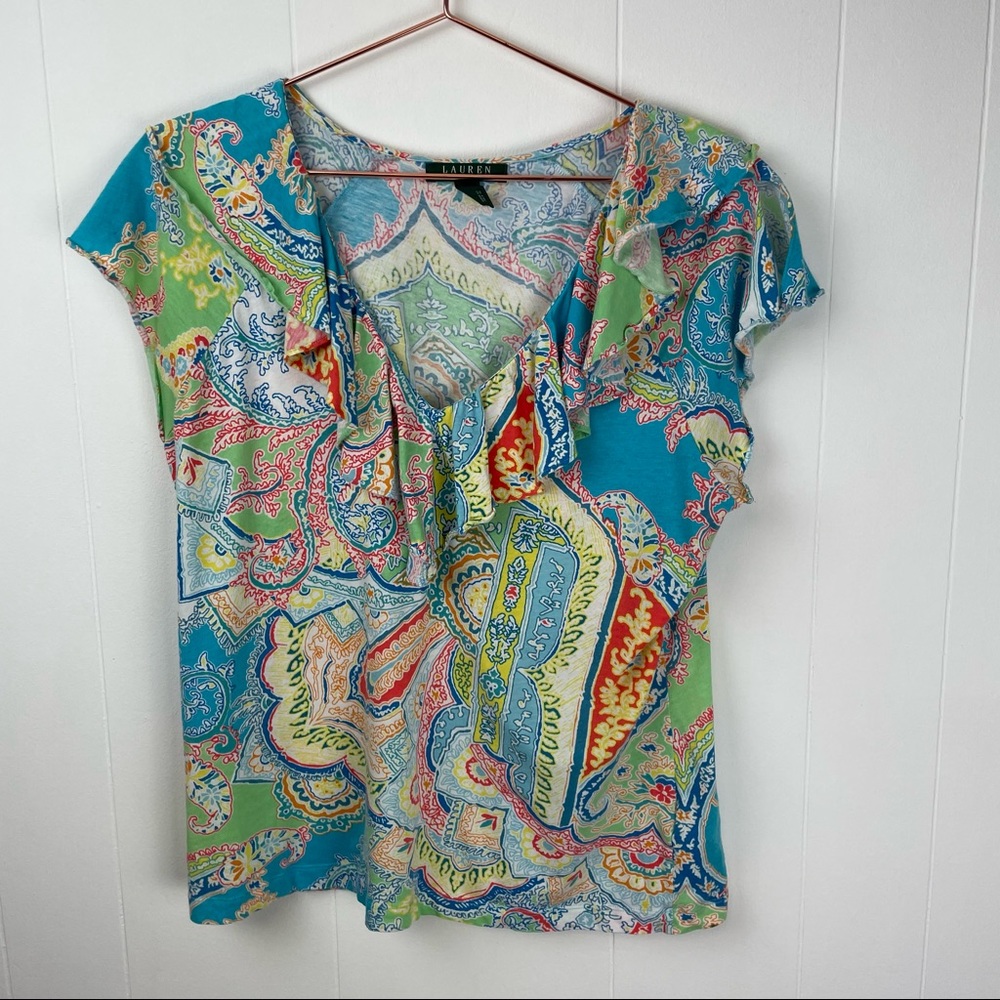 Lauren Ralph Lauren Cap Sleeve Paisley Print Ruffle Top